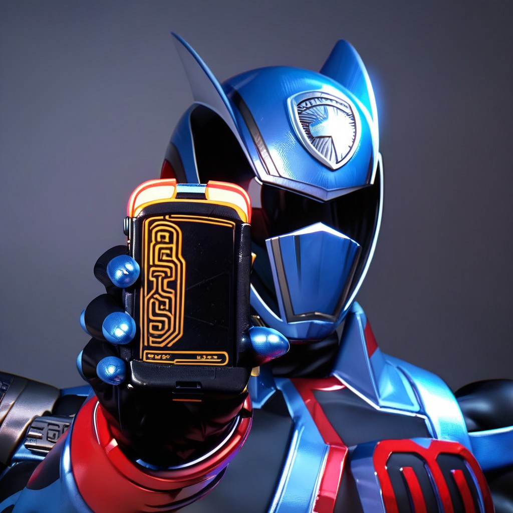 score_9, score_8_up, score_7_up 
   , masterpiece, beautiful,
,Spdshadowranger, black armored suit, red and silver accents, metallic chest armor, bold "100" design, angular shoulder pads, black gloves with red cuffs, silver belt with red buckle, holster with weapon, animal-inspired helmet, glossy black helmet, silver helmet detailing,  upper body, close up, flip flop phone, showing phone
