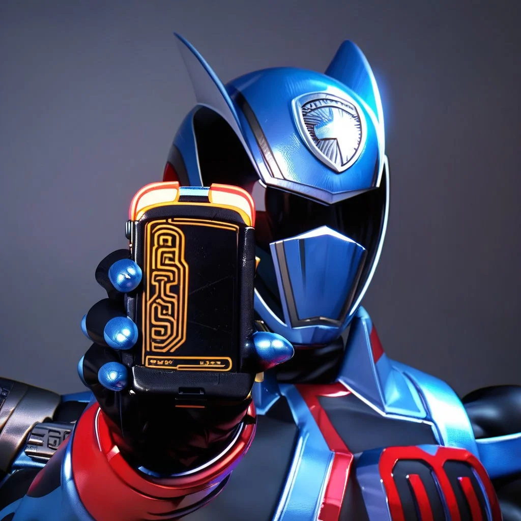 score_9, score_8_up, score_7_up
, masterpiece, beautiful,
,Spdshadowranger, black armored suit, red and silver accents, metallic chest armor, bold "100" design, angular shoulder pads, black gloves with red cuffs, silver belt with red buckle, holster with weapon, animal-inspired helmet, glossy black helmet, silver helmet detailing, upper body, close up, flip flop phone, showing phone