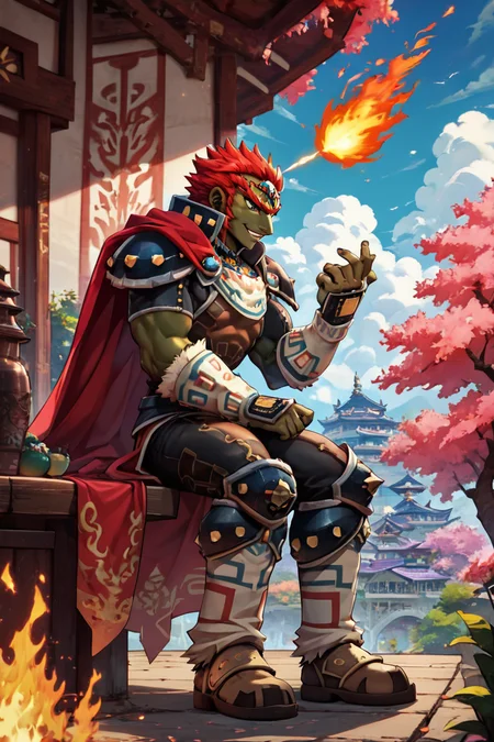score_9, score_8_up, score_8,   BREAK, , ,,, zzGanondorf, 1boy, red hair, dark skin, armor, gloves, jewelry, boots, muscular, shoulder pads, short hair, cape, muscular,  fire, aura,  <lora:Ganondorf_OoTZelda_PDXL:0.8>,   ,,,, BREAK, sitting on bench, side view, smile, looking at viewer, cowboy shot,  ,,, BREAK, pnkBldng, sky, day, cloud, tree, blue sky, building, architecture, east asian architecture,  ,,, BREAK, embedding:zPDXL, Expressiveh,  ,,, <lora:PinkBuildingsPDXL_v2:0.6>, <lora:SDXLFaeTastic2400:0.5>, <lora:Expressive_H-000001:0.4>