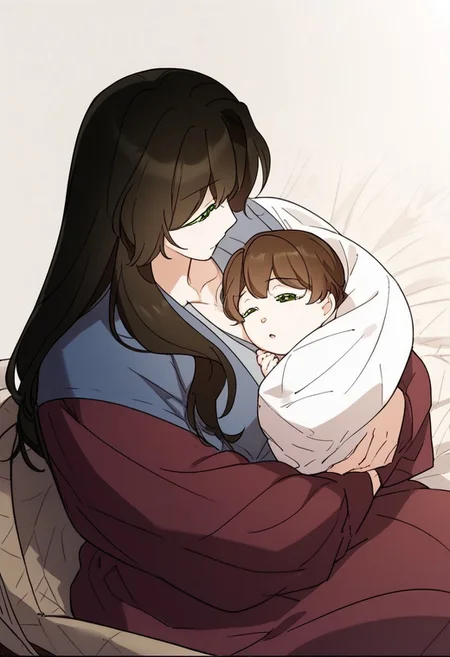 1girl, score_9,score_8_up,score_7_up, blanket over body,
Mildred, green eyes, green eyebrows, brown hair, long hair
looking down at baby, sitting down, (baby sleeping), baby carry, holding baby,