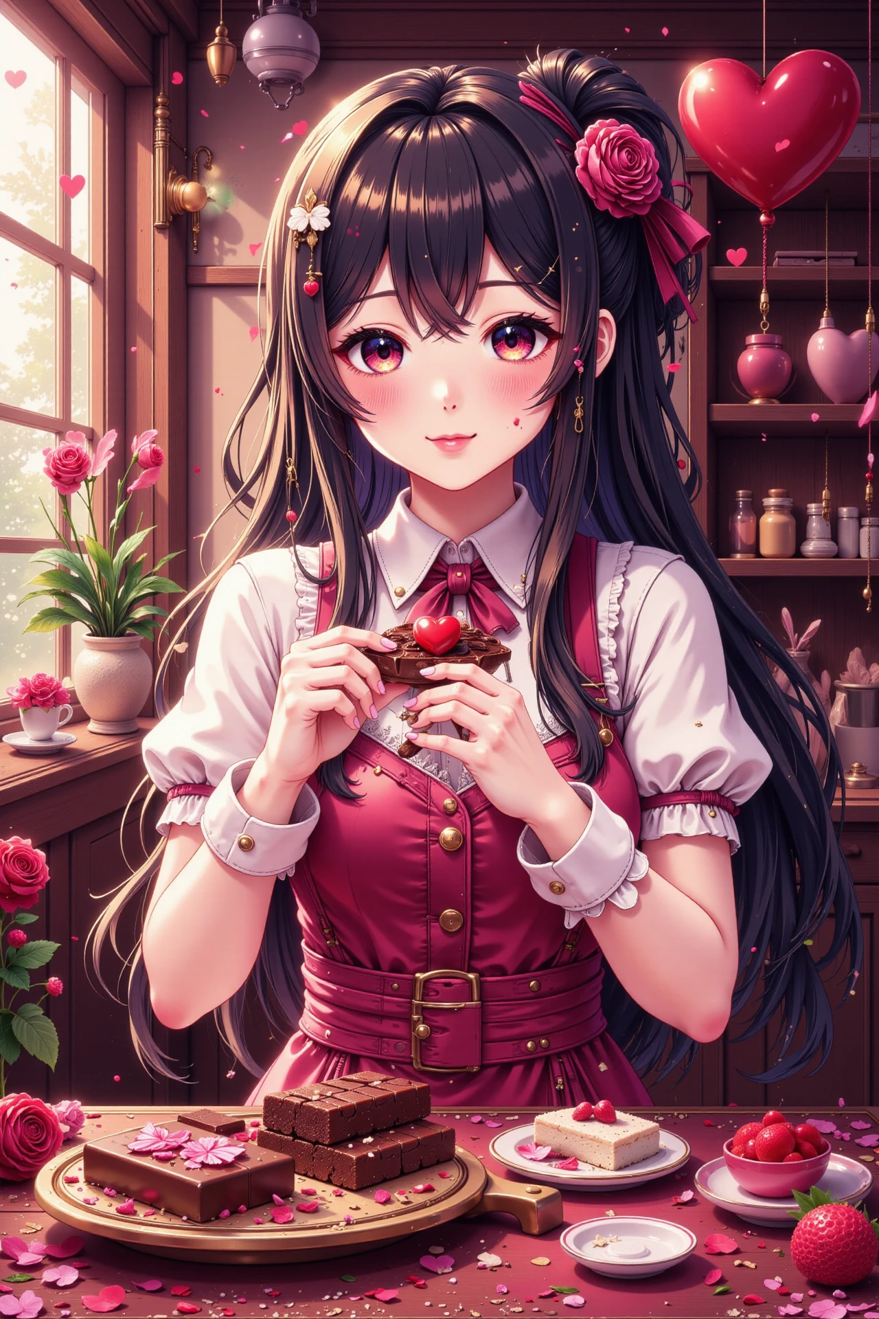 an anime woman in love preparing valentine's chocolate, very intricate, very detailed, sharp, bright, colorful, <lora:Hand v2:0.5> <lora:Anti-Blur:1><lora:Insane Detail Slider:0.25>  <lora:flux.1_lora_flyway_Epic-detail_v2:0.3> <lora:fluxenhancer:0.25> <lora:ck-Neon-Retrowave:0.4> ck-rw, in the style of ck-rw,  <lora:Neurocore Anime Cyberpunk:0.8> A digital artwork in the style of cknc