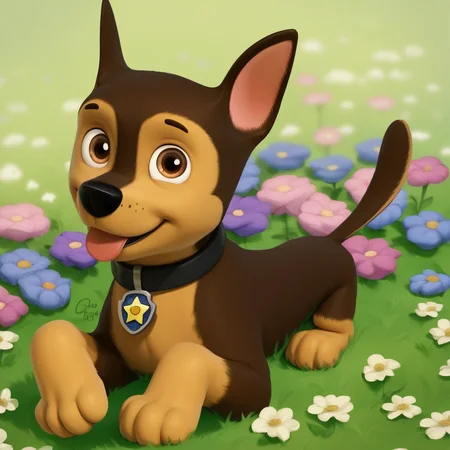 score_9, score_8_up, score_7_up, score_6_up, source_cartoon, Chase(PP), solo, 1boy, feral, German shepherd, dog, brown and tan fur, brown eyes, black nose, thin tail, black collar, star (symbol) tag, full body, looking at viewer, lying on stomach, paw pose, smiling, mouth open, tongue out, detailed background, cowboy shot, from above, flower field background,