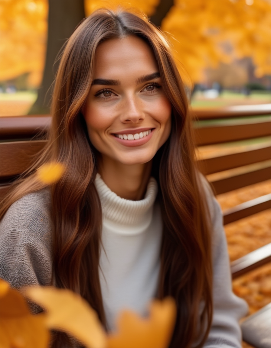 A model with long, straight chestnut brown hair, her sharp, angular features softened by her warm, brown eyes. Sheâs sitting on a park bench, the golden leaves of autumn falling around her, a small smile playing on her lips. <lora:usual-portrait-v2:1>