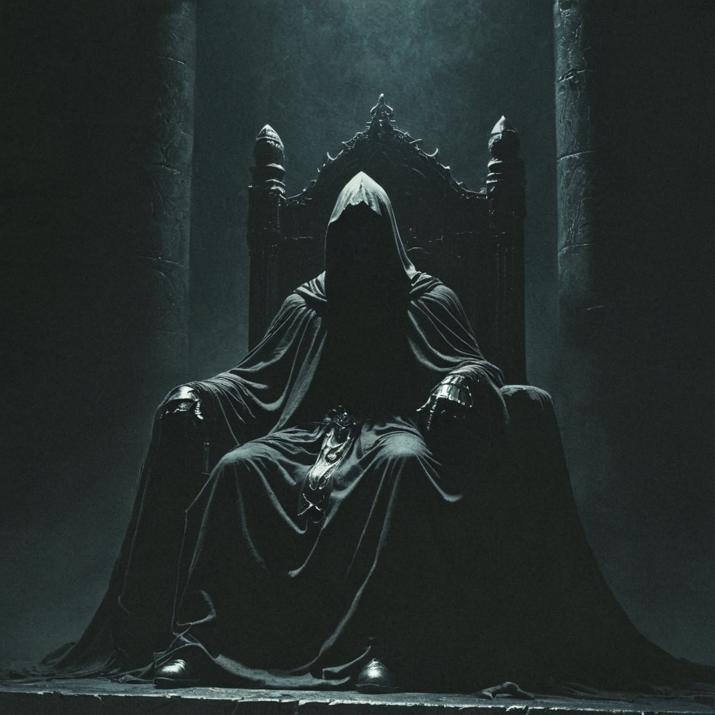 dark fantasy art style, robed and hooded knight sits on the king's throne, shrouded in shadow, macabre, doom, grainy texture