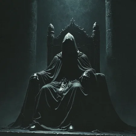 dark fantasy art style, robed and hooded knight sits on the king's throne, shrouded in shadow, macabre, doom, grainy texture
