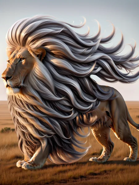 Majestic lion with flowing, silver ais-hairz, surveying its savannah kingdom <lora:Hairy_Style_SDXL:1>