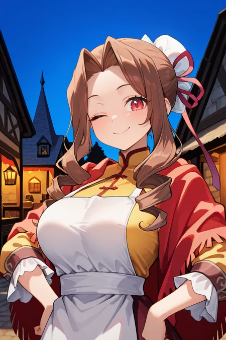 masterpiece, very aesthetic, absurdres, best quality, amazing quality, high resolution, <lora:illustrious_quality_modifiers_masterpieces_v1:0.8> , <lora:ChamIllustriousBackgroundEnhancer:0.5>,  solo, <lora:MistelIL:0.7> , misdef, 1girl, long hair, long sidelocks, drill sidelocks, brown hair, red eyes, bun cover, hair ornament, single hair bun, hair ribbon, ribbon, dress, yellow shirt, sleeves past elbows, frilled sleeves, red shawl,  white apron, apron, apron over yellow shirt, upper body, exterior, night, medieval village, medieval fantasy, smile, looking at viewer, large breasts, hands on hips, (winking),