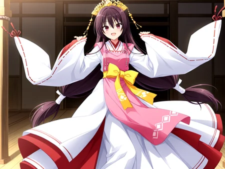 masterpiece,best quality,newest,absurdres,highres,detailed eyes,beautiful,high quality iris,detailed background,solo,perfect eyes,anime coloring,anime screencap,
nsfw,explicit,<lora:add-detail-xl:1>,<lora:ponyv4_noob1_2_adamW-000017:0.8>,wear clothes,
1girl,
looking at viewer,
doyagao,strong smile,open mouth,blush,wind lift,
<lora:il-unohana-sakuya-KAMI:0.8>,il-unohana-sakuya,1girl,ukami outfit,solo,very long hair,wearing a pure white furisode kimono with long flowing sleeves and a floor-length hem,layered with red and pink fabrics,a pink upper long apron integrated into the outfit,shrine maiden ceremonial outfit,golden headdress,yellow bow on waist,elegant white gown with a trailing hem,a ceremonial deep red pleated inner garment trailing beneath the outer white kimono,