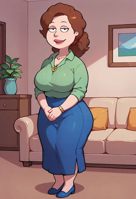 score_9,score_8_up,score_7_up,score_6_up,best quality, 1girl, solo, living room, couch, indoors,
BREAK
unnamed girl, brown hair, black eyes, (mature female:1.5), (plump:1.2), large breasts, gigantic ass, gigantic hips, green sweater, rolled up sleeves, blue skirt, navy blue shoes, own hand together, smile, looking at viewer, long skirt, half-closed eyes, necklace,