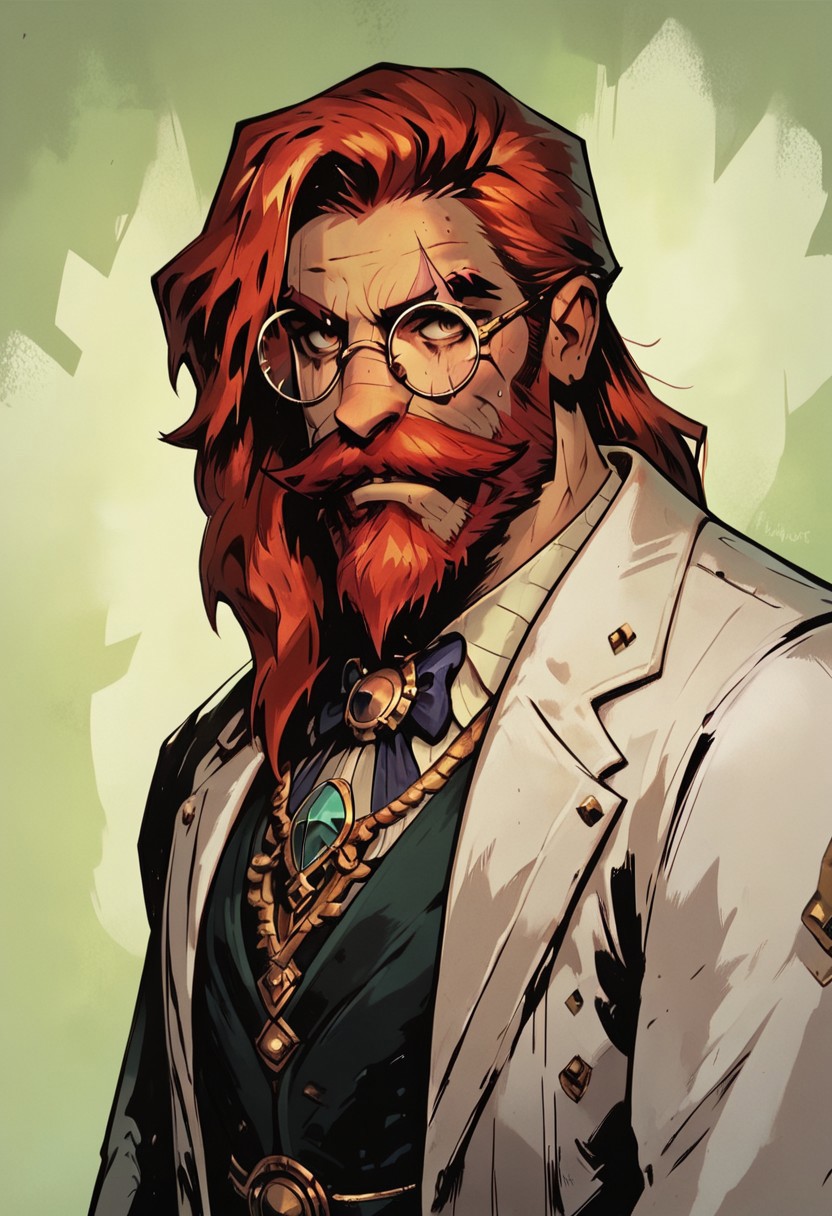 score_9, score_8_up, score_7_up, masterpiece, best quality, newest, absurdres, highres, 1boy, glasses, red hair, suit, round glasses, beard, facial hair, mustache, scar, scars on face
