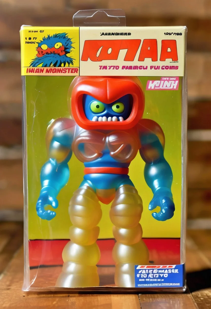 <lora:1987 Action Figure Playset Packaging:1>1987 Action Figure Playset Packaging - A product photo of a 1970s japanese toy clear monster action figure in front of packaging