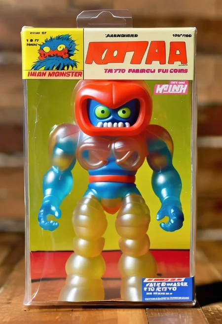 <lora:1987 Action Figure Playset Packaging:1>1987 Action Figure Playset Packaging - A product photo of a 1970s japanese toy clear monster action figure in front of packaging