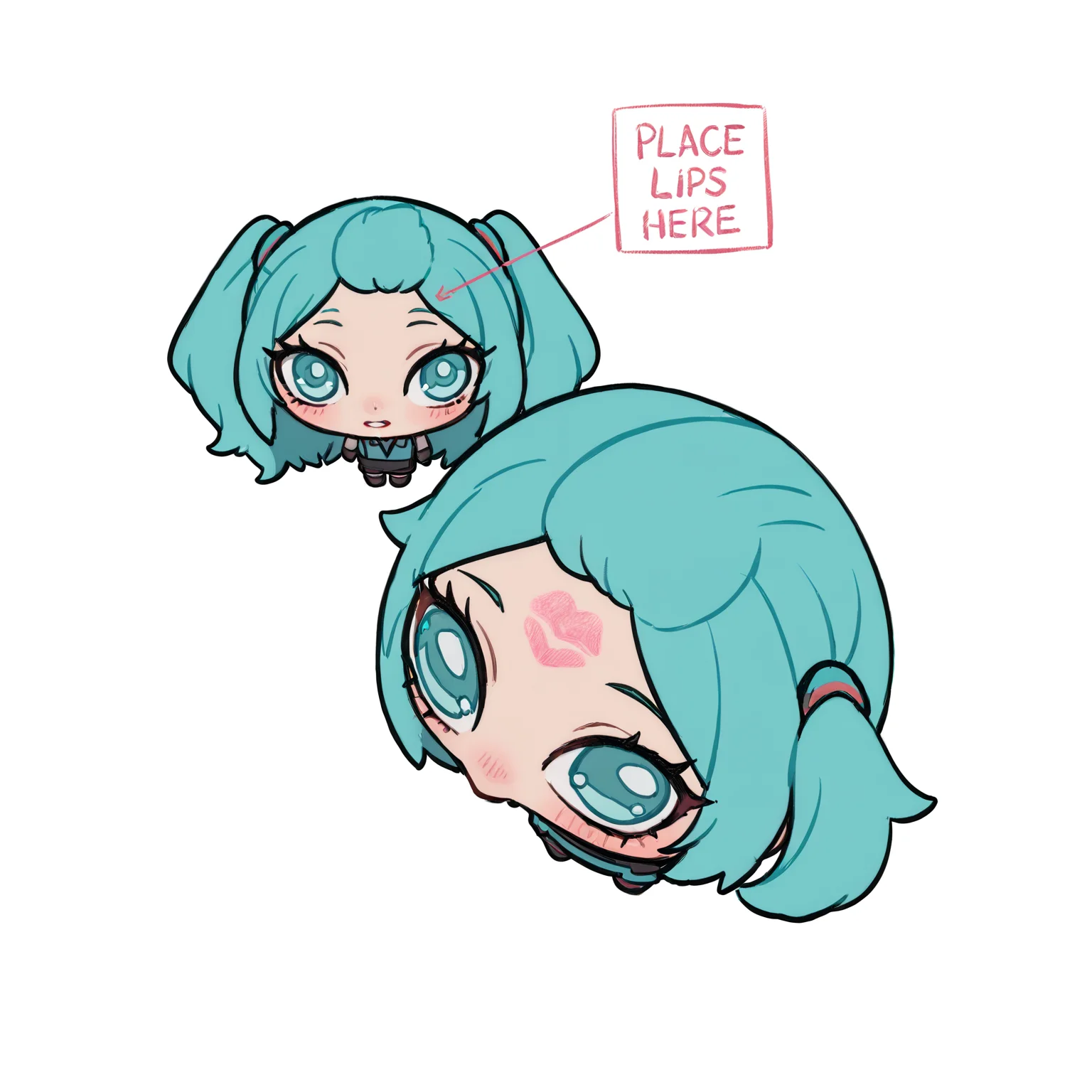 <lora:xl_place_lips_here_(meme)2-000038:1>,2girl,place_lips_here_\(meme\),chibi,forehead,There is a dialog box that says "place lips here",simple background,white background,lipstick mark,hatsune miku,, masterpiece, best quality,