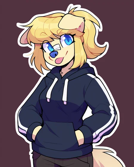 score_9_up, score_8_up, score_7_up, score_6_up, by remanedur, half-length portrait, blonde hair, medium breasts, floppy ears, furry female, blue eyes, female, furry, golden retriever, nose bandage, looking at viewer, pony tail, blonde fur, solo, tongue out, blep, hoodie, hands in both pockets, pants, three-quarter view, head tilt, simple background, white outline, <lora:Leah_Pines(AIM)_XL_v1:0.15> <lora:PDXL_artist_tags_v2_big:0.5> <lora:The-Minuscule-Task_PDXL_v1.0:0.6> <lora:Aubrey_Stormhand_ohmiyoni:0.65>