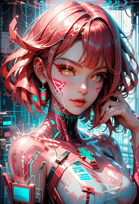 score_9, score_8_up, score_7_up, masterpiece, cyberwaifu, cyberwaify, solo, looking at viewer, hand in own hair, pyra \(xenoblade\), red hair