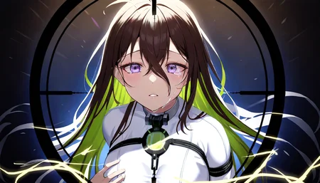 masterpiece, best quality, 1girl, guilty, white bodysuit, collar, straitjacket, hibana, crosshair, crying with eyes open, parted lips, electricity, hand on own chest, <lora:hibana-000075:1>, <lora:guilty-nikke-richy-v1_xl:1>