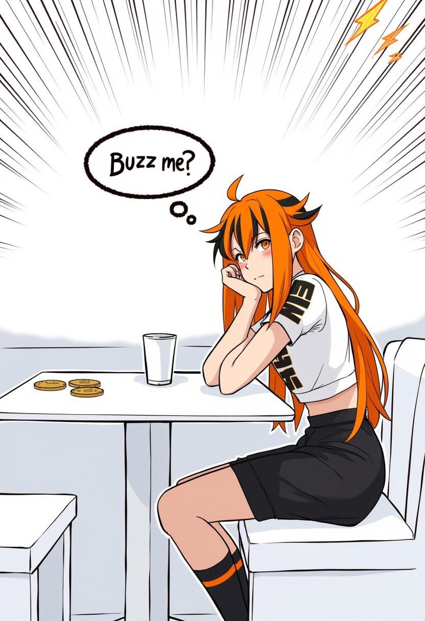 Fei Vaughna is sitting at a table in the diner. Her orange and black striped hair was starkly contrasted by the white decor and surroundings. She sits at an Empty table with a sad face, orange and black striped hair, cropped T-shirt, black skirt. coins on the table. [Thought bubble contains "orange lightning bolt" and the words "Buzz me?"]