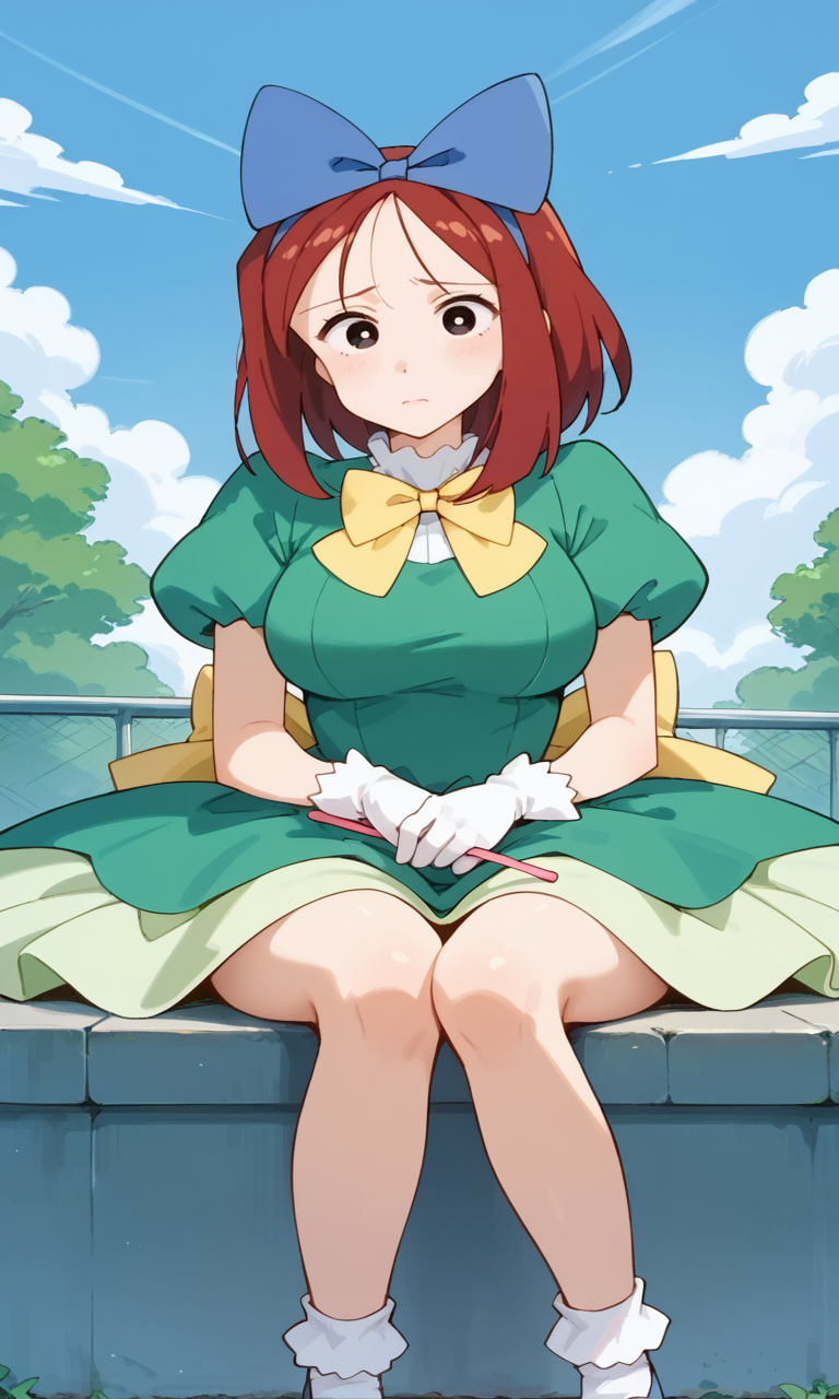 (1girl:1.5), (solo:1.3), (score_9, score_8_up, score_7_up, score_6_up, score_5_up, score_4_up), (source_anime), rating_questionable, looking at viewer, (cowboy shot:1.3), outdoors, blue sky, school,
 (shiwasu-mari), (black eyes, red hair, medium hair, parted bangs, parody hair), (large breasts), (sad), <lora:magical-mari-late_v1:0.9> (blue big hair bow, green dress, princess tutu, puffy short sleeves, yellow bowtie, white gloves, white bobby socks, blue footwear, mary janes), (holding wand),  sitting,