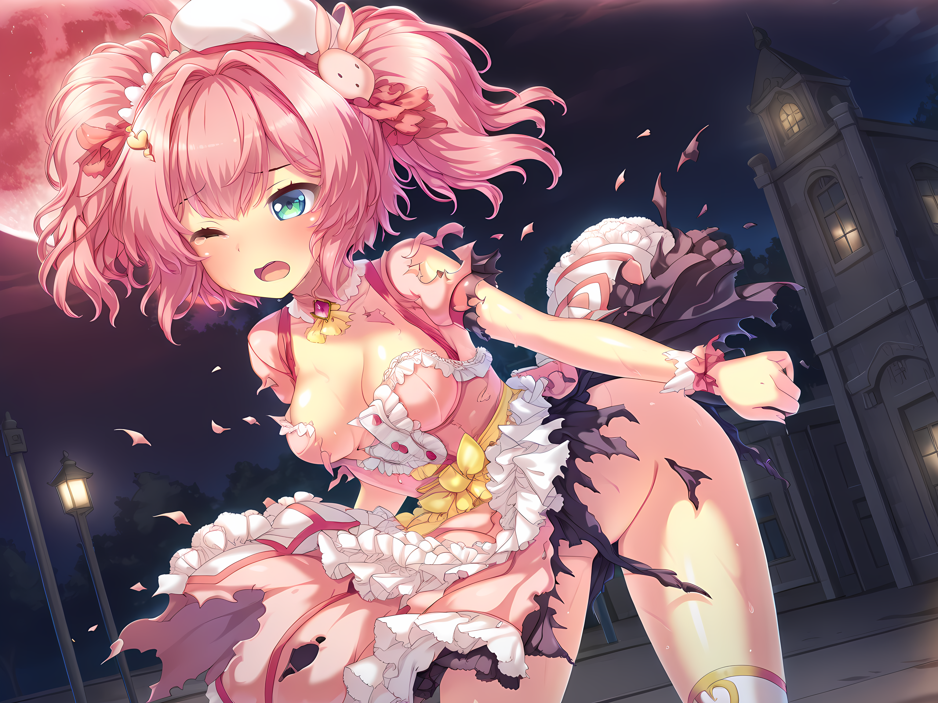 1girl,solo,arisu,mg outfit,escude,outdoors,night,moonlight,cowboy shot,<lora:Yumegishi_Arisu_-_Yamizome_Liberator_-_Escude:1>,medium breasts,twintails,open mouth,red moon,dangerous,action,damaged,wince, torn clothes,, masterpiece,best quality,amazing quality,
