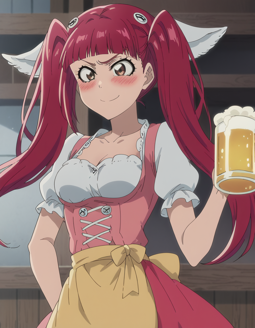 score_9, score_8_up, score_7_up, source_anime, <lora:riruka-dokugamine-tybw-ponyxl-lora-nochekaiser:1>, riruka dokugamine, long hair, bangs, twintails, red hair, blunt bangs, brown eyes, medium breasts, anime screencap, <lora:dirndl-ponyxl-lora-nochekaiser:1>, dirndl, german clothes, beer mug, collarbone, , beer, underbust, waist apron,, indoors, bar, smile, blush,, , cowboy shot, solo