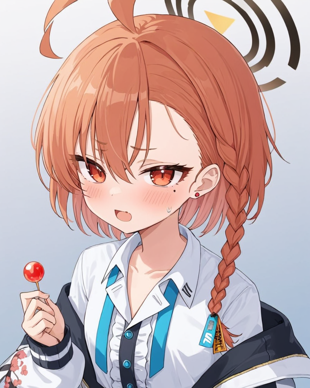 neru \(blue archive\),1girl, halo, mole_under_eye, korean_text, ahoge, solo, jacket, looking_at_viewer, white_shirt, blush, sweatdrop, speech_bubble, single_braid, holding_lollipop, open_mouth, simple_background, upper_body, stud_earrings, collared_shirt, long_sleeves, open_clothes, ear_piercing, off_shoulder
<lora:neru_(blue_archive)_image1870_2023-11-28:1>halo. gorgeous,key visual, vibrant, studio anime,award-winning, professional, highly detailed,high budget, cinemascope