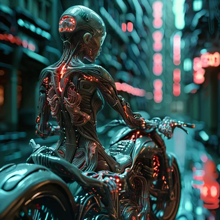 cyberanatomy girl on a motorbike at night, cyborg city street, very detailed, photorealistic, dark and expressive, cinematic<lora:cyberanatomy:1>