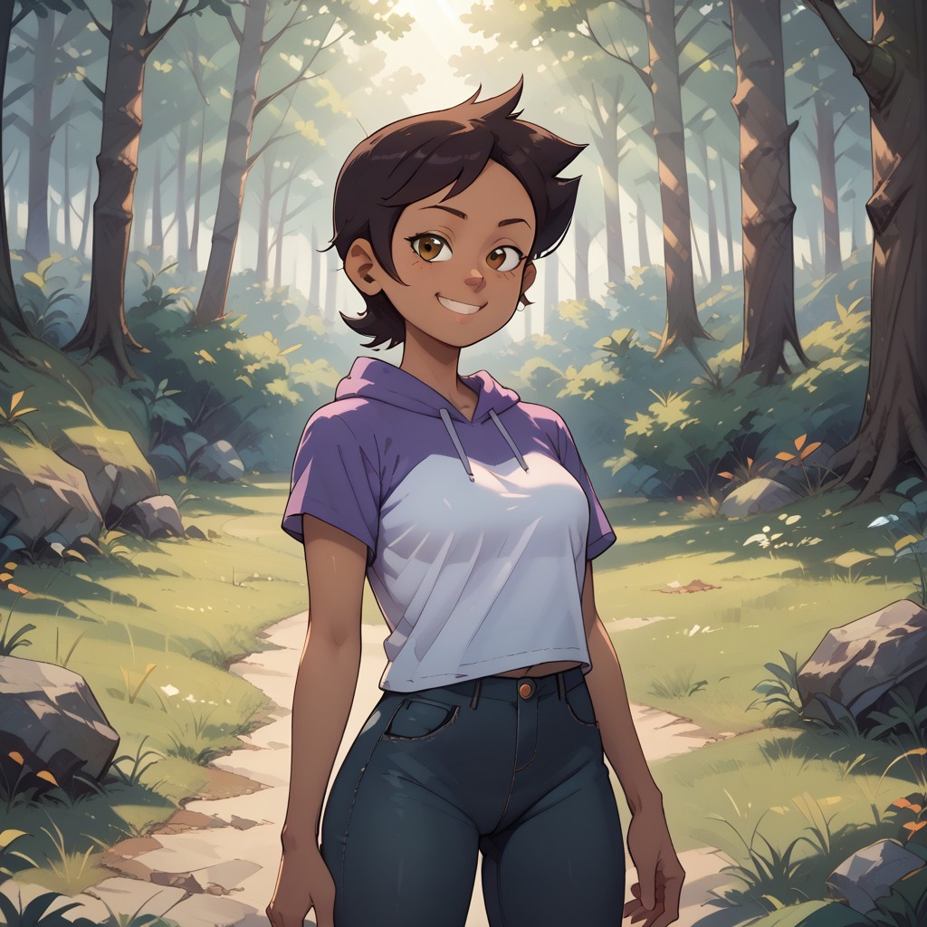 score_9, score_8, BREAK, Luz Noceda, brown hair, short hair, brown eyes, dark skin, hoodie, hood down, short sleeves, purple shirt, white shirt, denim shorts, black leggings, leggings under shorts, adult female, mature female, breasts, sexy pose, self portrait, smile, outdoors, sunlight, shadows, evening lighting, natural lighting, forest, trees, grass, orange sky, sunset