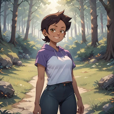 score_9, score_8, BREAK, Luz Noceda, brown hair, short hair, brown eyes, dark skin, hoodie, hood down, short sleeves, purple shirt, white shirt, denim shorts, black leggings, leggings under shorts, adult female, mature female, breasts, sexy pose, self portrait, smile, outdoors, sunlight, shadows, evening lighting, natural lighting, forest, trees, grass, orange sky, sunset