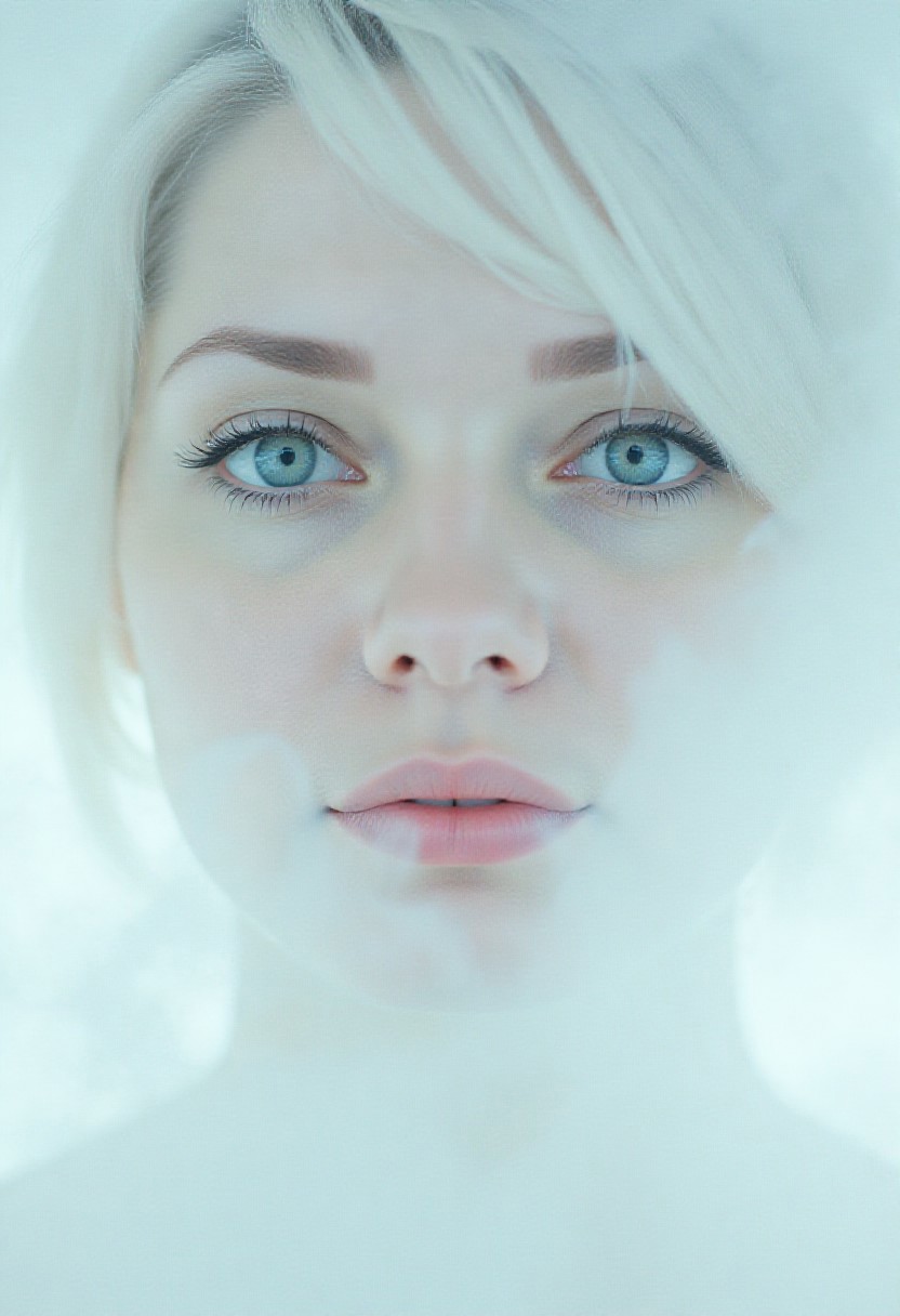 A closeup, surreal, ethereal portrait of a woman with a hauntingly beautiful, almost angelic presence. Her pale complexion is luminescent, blending seamlessly into the pure white background, creating an impression that she is emerging from light itself. Her very large piercing blue eyes are the focal point, their crystalline clarity and soft glow conveying a sense of otherworldly wisdom and calm. Her long lashes are bold and dramatic, contrasting starkly against her porcelain skin, drawing the viewer's gaze deeper into her haunting stare. Her features are delicately sculpted, with high cheekbones, a perfectly straight nose, and soft, full lips that hold a subtle, neutral expression, suggesting serenity and quiet strength. Her platinum-white hair flows and floats softly upwards, emphasizing her celestial appearance. The fine strands are light and wispy, blending seamlessly into the white backdrop with white ashes falling around her, adding to the ethereal atmosphere. The lighting is diffused and even, erasing shadows and creating a minimalistic aesthetic that places full focus on her striking features. The overall composition feels timeless, as if capturing the essence of purity and perfection, with a soft, dreamlike quality that invites introspection and awe. The simplicity of the image enhances its mystique, creating a profound, angelic presence that feels both familiar and otherworldly. <lora:MysticFantasy:0.2318463134765626>