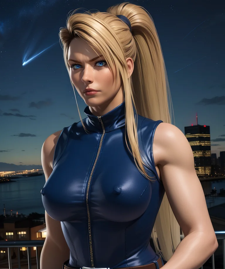 Sarah,high ponytail,blue eyes,long hair,
blue bodysuit,belt,sleeveless,zipper,fingerless gloves,
standing,upper body,
night sky,stars,city.,
(insanely detailed, beautiful detailed face, masterpiece, best quality), (solo), <lora:SarahB:0.8>,