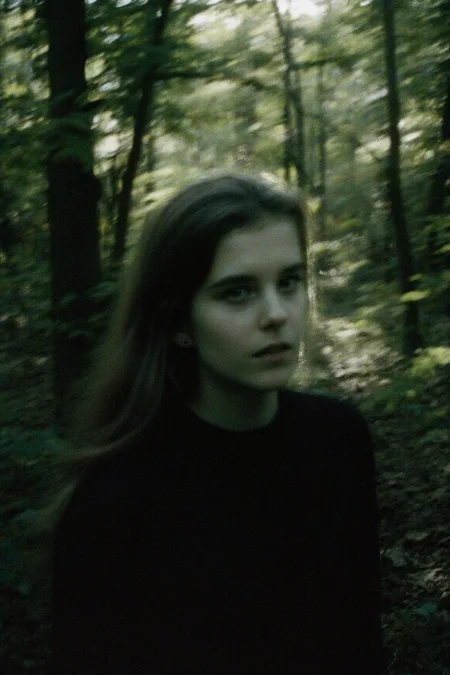 8n8log, Vintage photo of an eerie portrait, the face is obscured by motion blur, in black and white with hints of dark green, set against a forest backdrop, evoking mystery and gothic vibes. film photography aesthetic, film grain effect prominent throughout image, high contrast lighting creating dramatic shadows, grainy film-like texture, dramatic chiaroscuro lighting effect