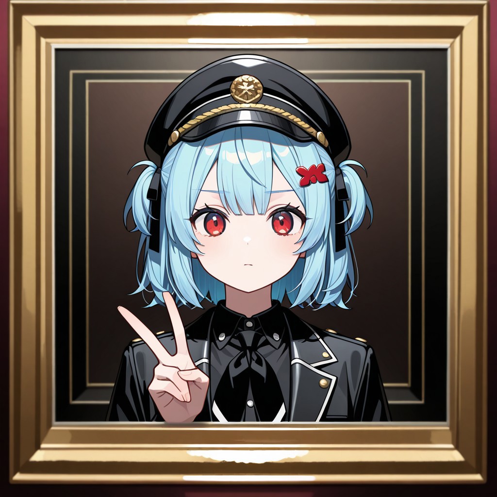 masterpiece, best quality, 32k, high resolution, absurdres, iei, black ribbon, portrait (object), v, facing viewer, collared shirt, red eyes, blue hair, hat, black jacket, hair ornament, black shirt, neckerchief