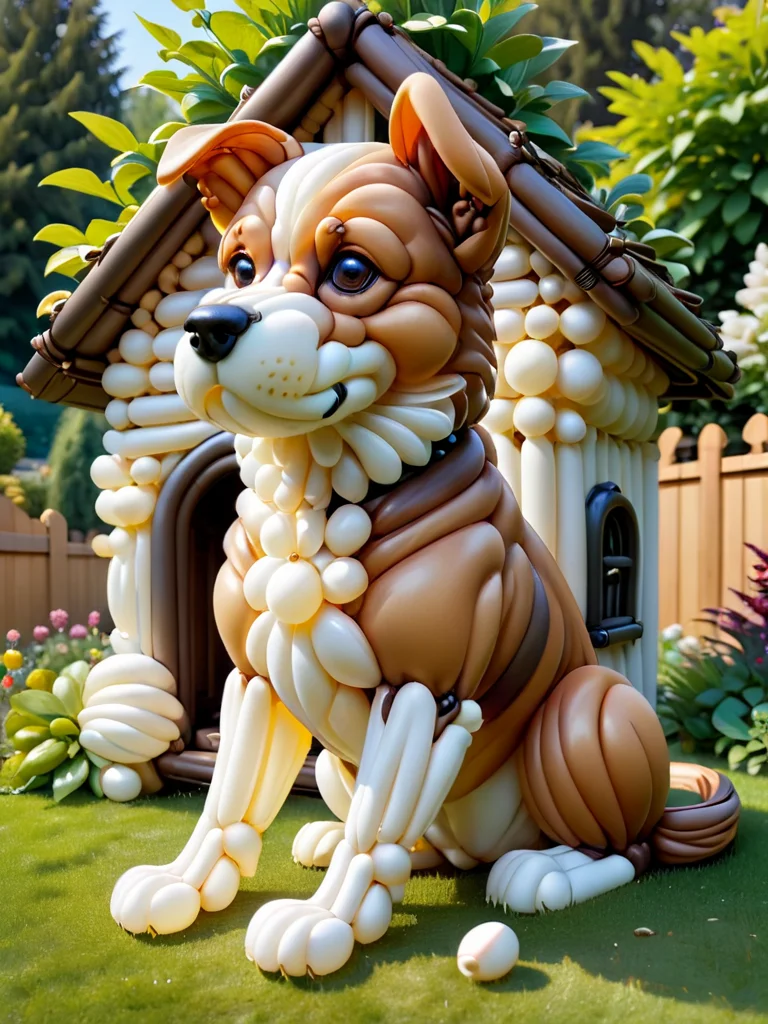 balloonz, dog, playing with bone made out of balloon, in the garden, near his dog house <lora:balloonz:1>