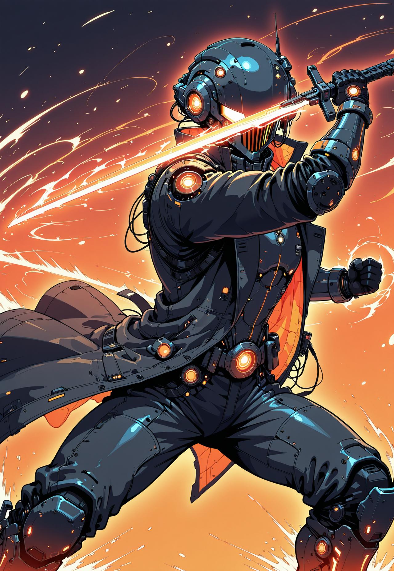 masterpiece, ultra detailed, ultra-detailed, 32K, very aesthetic, 2d, 1man, full armor, black trenchcoat, open coat, hi-tech, sci-fi, neon orange, orange glow, dynamic pose, fighting stance, (motion effect:1.5), dual wield, holding swords, glowing blade, zzCitronLegacy, in the style of cknc,