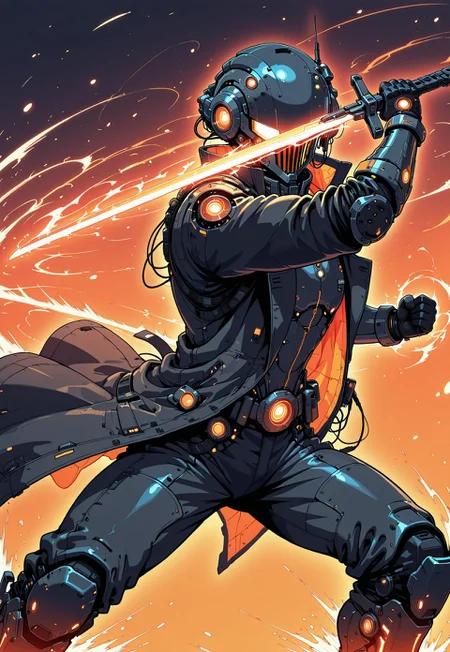 masterpiece, ultra detailed, ultra-detailed, 32K, very aesthetic, 2d, 1man, full armor, black trenchcoat, open coat, hi-tech, sci-fi, neon orange, orange glow, dynamic pose, fighting stance, (motion effect:1.5), dual wield, holding swords, glowing blade, zzCitronLegacy, in the style of cknc,