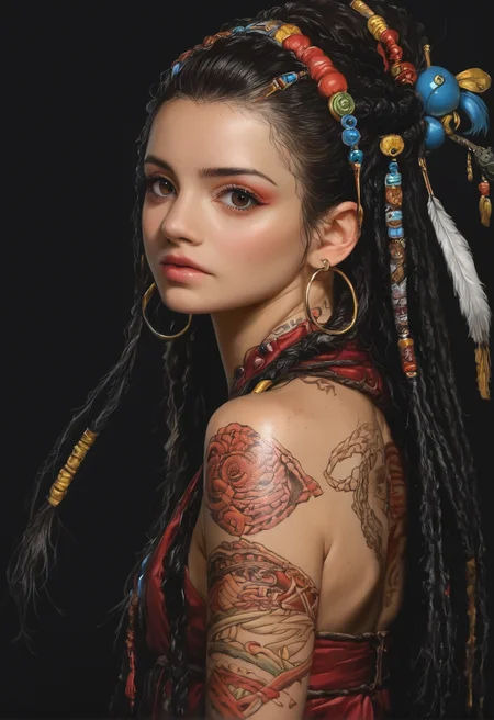 realistic, photorealistic, realism, 1girl, solo, tattoo, hoop earrings, black hair, exotic hair, (hair ornament:1.4), detailed headdress, exotic headdress, feather, dreadlocks, (shaman), long hair, back tattoo, looking at viewer, from side, blunt bangs, upper body, arm tattoo, dragon tattoo, eastern dragon, shoulder tattoo, bare shoulders, long hair, brown eyes, full-body tattoo, yakuza, black background