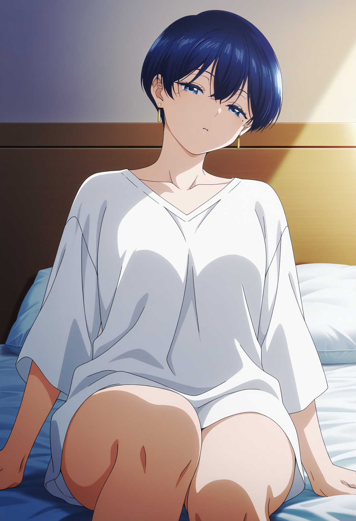 masterpiece, best quality,  absurdres, highres, 1girl,  <lora:anime_screencap:1>, anime screencap, anime coloring,  <lora:fuji:1>, fujiwz, very short hair, blue hair, hair between eyes,  blue eyes, mole, mole under eye, earrings, white shirt, collarbone, oversized shirt, no pants, sitting, bed, indoors, room, looking at viewer, sleeping, half-closed eyes, looking at viewer