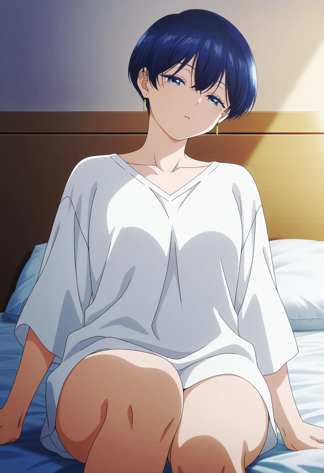 masterpiece, best quality, absurdres, highres, 1girl, <lora:anime_screencap:1>, anime screencap, anime coloring, <lora:fuji:1>, fujiwz, very short hair, blue hair, hair between eyes, blue eyes, mole, mole under eye, earrings, white shirt, collarbone, oversized shirt, no pants, sitting, bed, indoors, room, looking at viewer, sleeping, half-closed eyes, looking at viewer