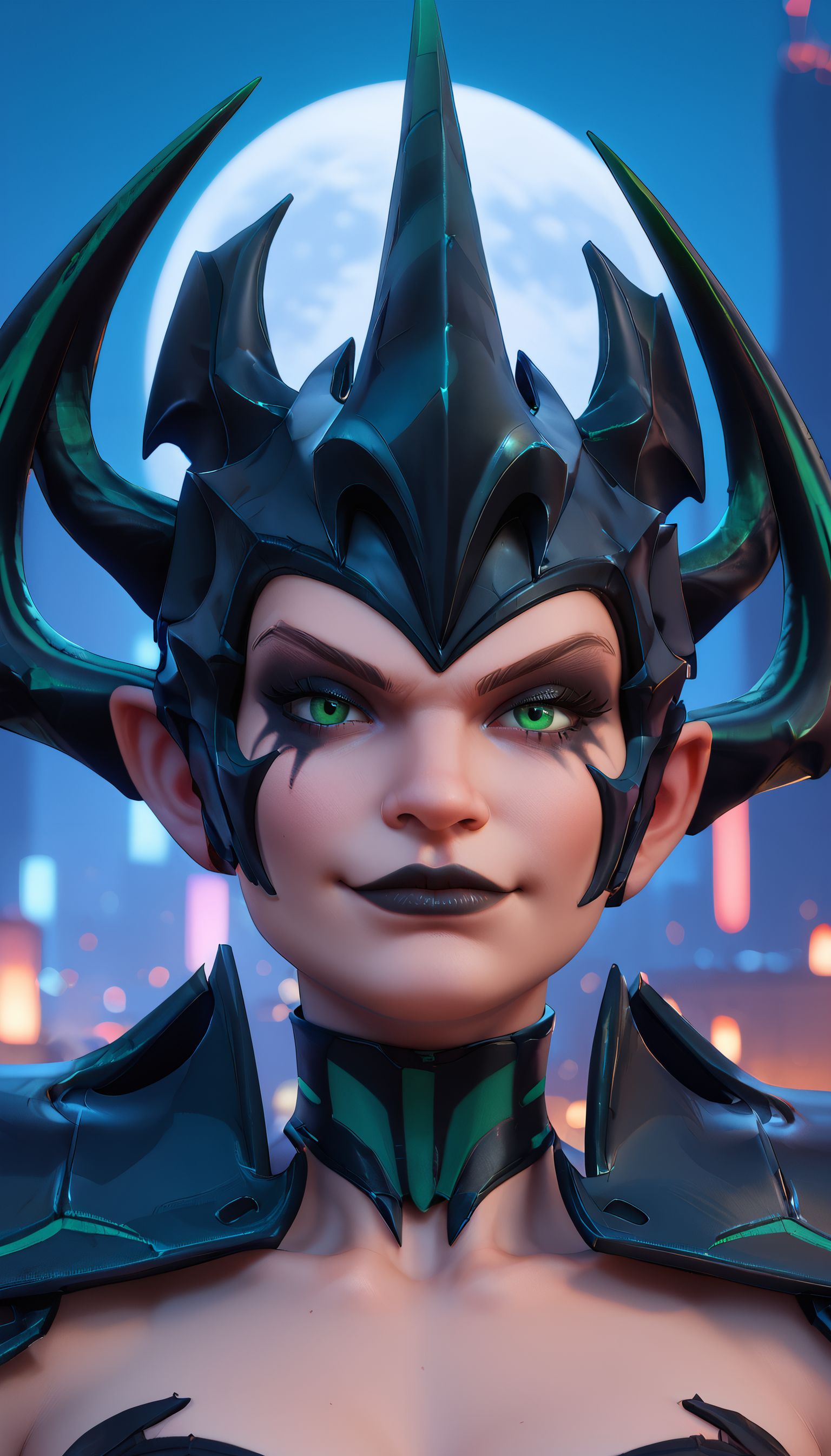 zPDXL3,  <lora:helaMR:.7>,<lora:LunarCAT_Style:.8>
helamr, woman, green eyes, makeup, black lipstick, horned helmet, spiked,shoulder pads,black cape, looking at viewer, serious, smirk, close up, outside, city, night time, moon,