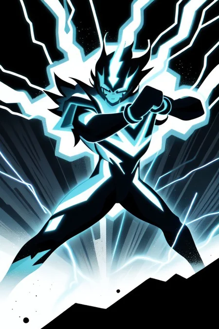 This is a digital illustration featuring a stylized depiction of a clenched fist holding a lightning bolt. The fist, rendered in a dark, almost black shade, is positioned centrally in the image. The lightning bolt, which is white and electric yellow, is striking diagonally from the top left to the bottom right, creating a dynamic and dramatic effect. The lightning bolt is surrounded by a faint, glowing yellow aura, adding to the electrifying atmosphere.
The background is a deep, dark blue, which contrasts sharply with the bright colors of the lightning bolt and the fist, making them stand out prominently. Small, scattered yellow particles or sparks are visible around the lightning bolt, enhancing the sense of energy and power. The illustration has a modern, digital art style with clean lines and bold, vivid colors, typical of vector graphics. The overall composition is dynamic and energetic, evoking themes of strength, power, and electricity.