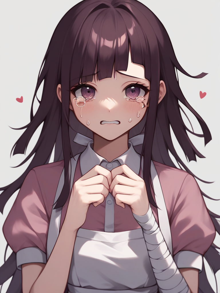 score_9,score_8_up,score_7_up,<lora:danganronpa_all:1>,1girl, character: tsumiki mikan, solo, grey background, simple background, upper body, hands up, mole under eye, brown hair, long hair, tears, collared shirt, pink shirt, two-tone shirt, white apron, white shirt, puffy short sleeves, highres, bandaged arm, heart, commentary request