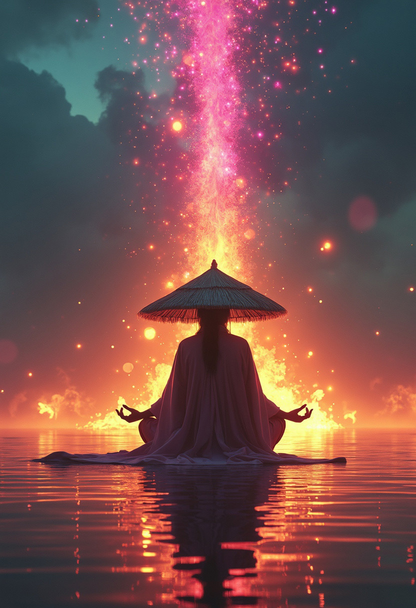 Capturing serenity amidst boundless solitude: a powerful image of a buxom feudal ninja, draped in flowing feudal garb, large sedge-hat, meditating in lotus position upon an endless, sunless expanse. As she hovers, an aura emanates from her, growing in intensity as it extends beyond her Till it explodes in the far, reminiscent of expanding ripples of sound. The neon hues of her aura paint the air, a vivid testament to her inner strength and focus.