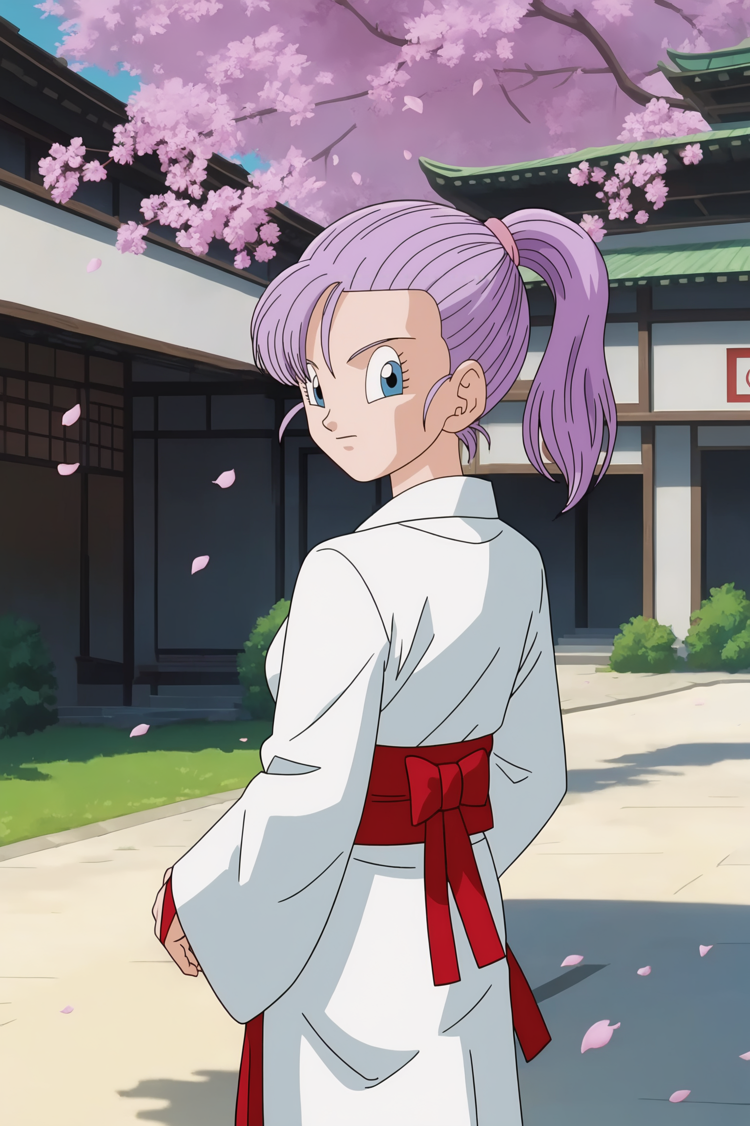 source_anime, score_9, score_8_up, score_7_up, anime screencap, absurdres, high quality, official style, 
solo, 1girl, 
bra \(dragon ball\), short hair, blue eyes, ponytail, purple hair
white kimono, cherry blossoms, outdoors, temple, dappled sunlight, sash, long sleeves, looking back, looking at viewer, from behind, wind,
<lora:Bra_v2:0.8>