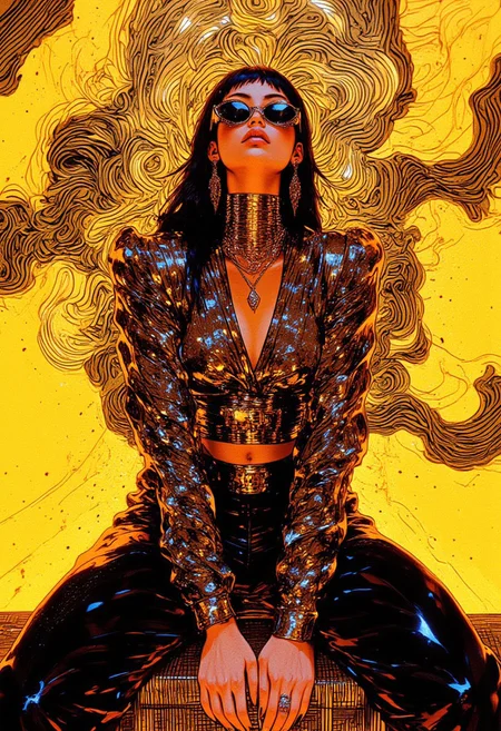 A hyper-realistic portrait capturing a stylish woman crouching indoors, her figure bathed in soft, warm light that accentuates the shimmer of her glittery, long-sleeve, V-neck crop top and matching high-waisted pants, both intricately adorned with countless sequins reflecting light like cascading stars. Her choker necklace mirrors the brilliance of her outfit, creating a cohesive, dazzling ensemble. Long, dark hair flows sleek and straight past her shoulders, framing her face with bold, striking makeup—intense dark eyeshadow, sharp winged eyeliner, and glossy pink lips. Oversized, decorative cat-eye sunglasses with a metallic, mirror-like finish shield her eyes, subtly reflecting her surroundings and amplifying her commanding presence. Behind her, the backdrop is a solid yellow canvas overlaid with a full-frame optical illusion crafted from intricate black and white lines forming warped geometric grids. These shapes twist and interlock, thickening and thinning to suggest pulsating waves and shifting dimensions, creating a surreal, disorienting effect that contrasts the simplicity of the yellow hue with the complexity of the illusion. The juxtaposition enhances the bold yet poised elegance of her crouched stance, blending retro sophistication with avant-garde surrealism, emphasizing individuality and modern glamour, HD, 8k, masterpiece artwork, ultra-detailed, flawless anatomy.