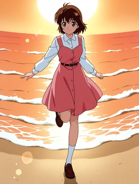 masterpiece,best quality,newest,
1girl,solo,
anime screencap,<lora:yukimura_keiko_ilxl_v1.1:1>,y_keiko,brown eyes,bangs,brown hair,short hair,
long_sleeves,socks,loafers,
<lora:Fixhands_anime_bdsqlsz_V1:1>,ocean,sand beach,sun,portrait,front view,lens_flare,fisheye,smile,standing,running,white shirt,pink dress,sneakers,brown footwear,