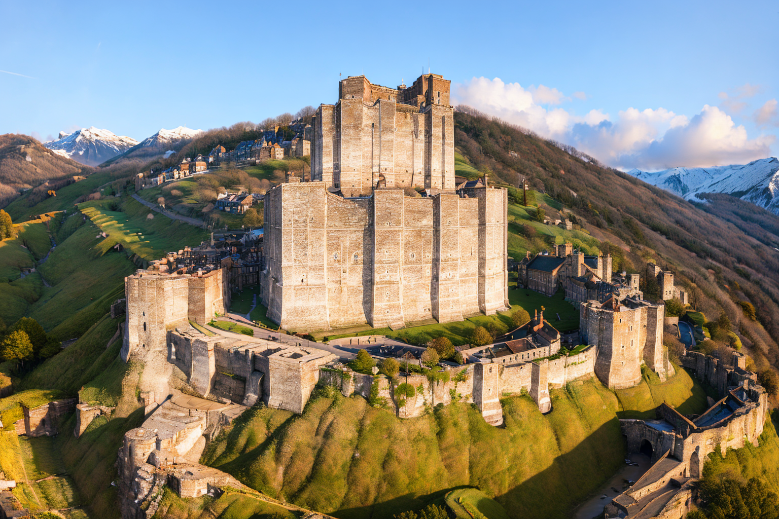 (masterpiece, best quality:1.2), ultra-detailed, Castle snow mountains, (realistic:1.5),  <lora:EdobMedievalCastleTopView_v1.0:1>