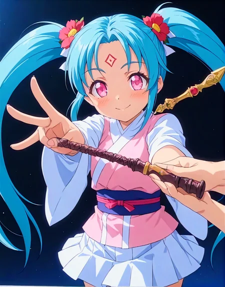 anime, best quality, (masterpiece:1.4), (high quality:1.4), sharp focus, 4k, absurd resolution, detailed hands, score_9, score_8_up, score_7_up, score_6_up, source_anime, anime, best quality, (masterpiece:1.4), (high quality:1.4), sharp focus, 4k, absurd resolution, highly detailed, highres, extremely detailed, short girl, <lora:sasami.pony:0.8> sasami, sasami magic, sasami true
source anime, smile, looking at viewer, wand, school uniform, weapon, twintails, aqua hair, facial mark, flower, forehead mark, freckle, hair flower, hair ornament, long hair, green long sleeves, miniskirt, pink eyes, white skirt, pink obi, shadow puppet,