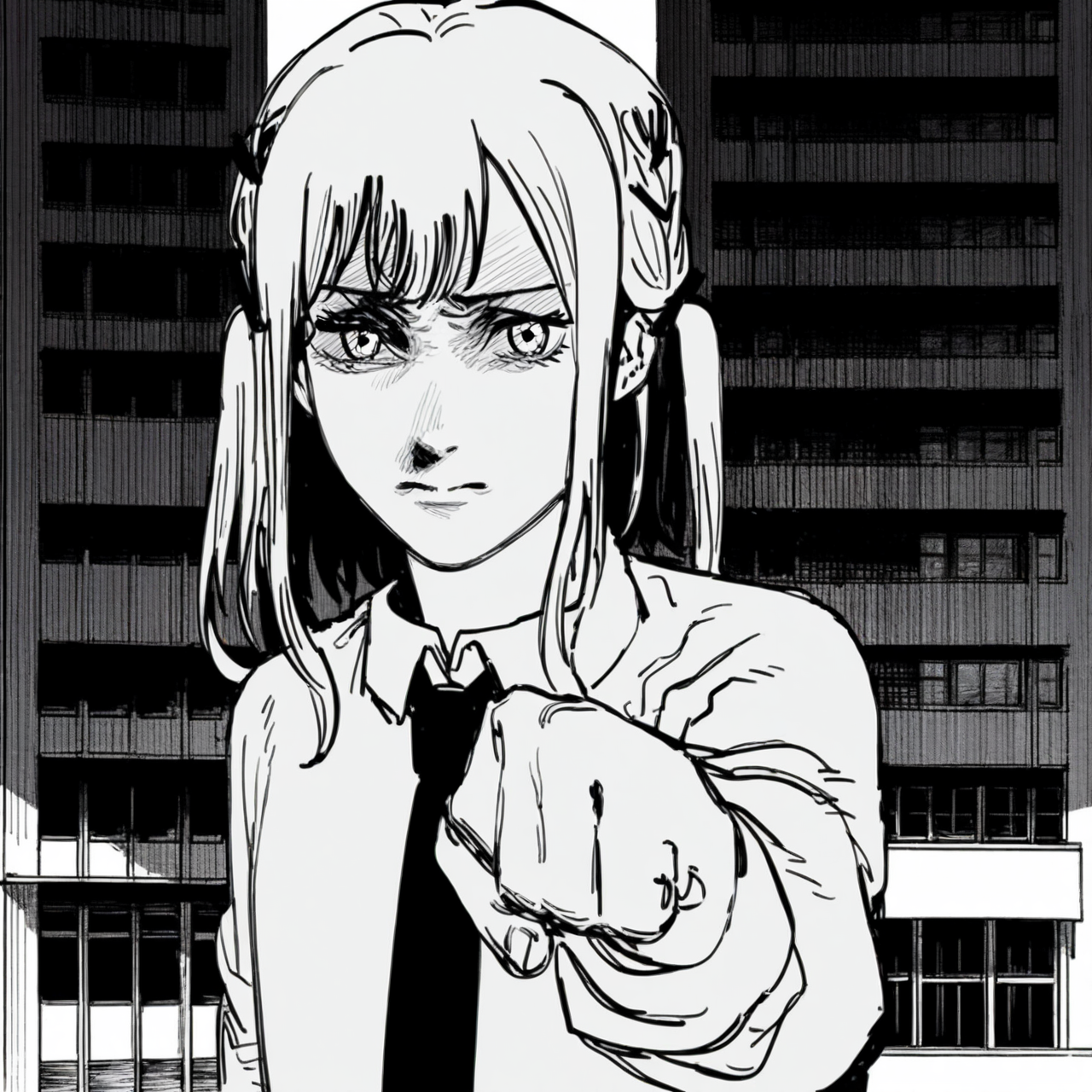 1girl,(togawa sakiko:1.1),bang dream!,bang dream! it's mygo!!!!!,
1girl,solo,necktie,hair ornament,shirt,black necktie,collared shirt,white shirt,looking at viewer,short ponytail,short hair,day,long sleeves,building,closed mouth,serious,
masterpiece,best quality,amazing quality,very aesthetic,highres,absurdres,<lora:ftstyle-noob05-v2:1.4>,ftstyle,monochrome,greyscale,<lora:AgniFace_Illustrious:0.9>,agniface,male focus,(hand up:1.1),parody,hatching (texture),clenched hand,