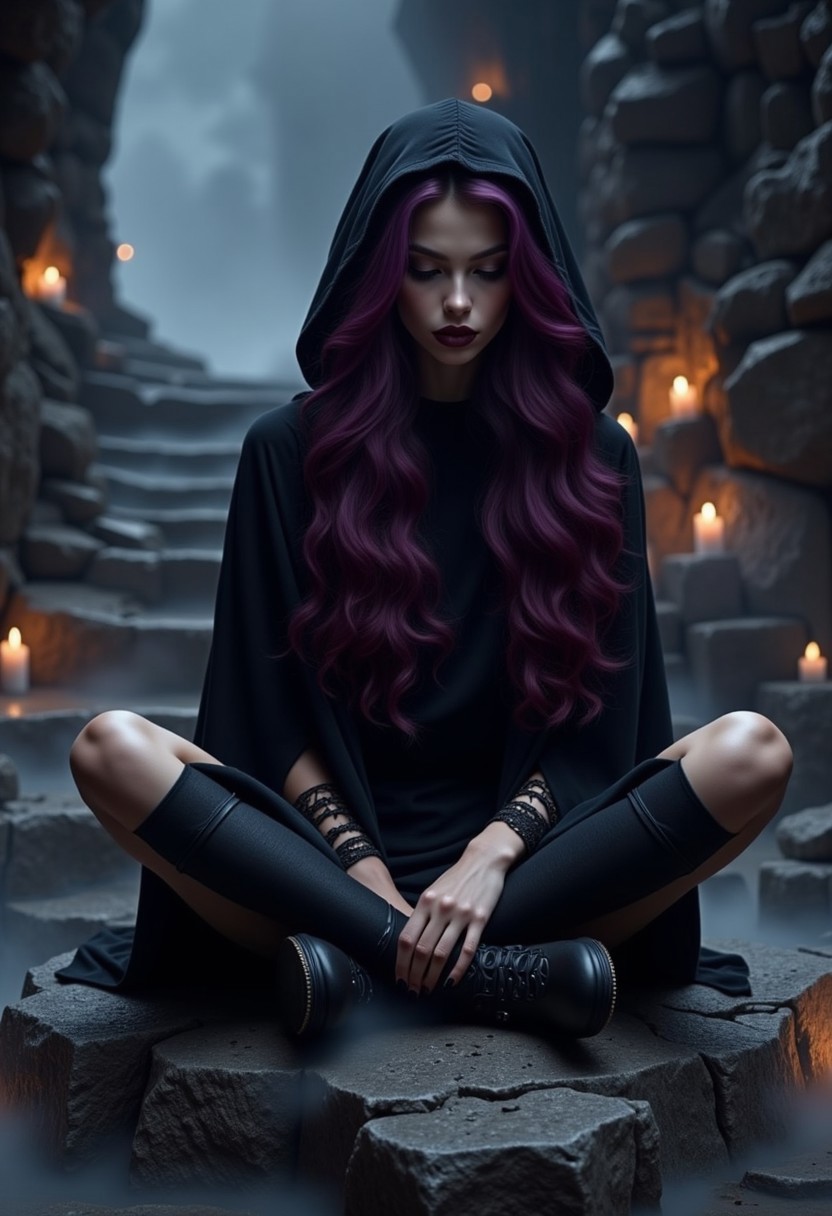 This digital artwork captures a young woman with an enigmatic gothic charm, but with a completely different vibe and setting. Her hair is a vibrant shade of deep plum, styled in loose waves that tumble around her shoulders, catching the low, moody light. She sits cross-legged on a large, crumbling stone, her gaze fixed downward with an intense, contemplative expression. Her lips are painted a dark wine color, matching the deep shadows cast by the hollowed, cavern-like setting around her.
The scene is shot from a low, side angle, highlighting her slender profile against the soft glow of distant, candle-lit lanterns scattered around her. A layer of mist hovers at her feet, weaving around the lanterns and creating an almost dreamlike fog that adds depth and mystery to the background. Her attire is a flowing, floor-length black velvet cloak, the hood partially drawn up, casting half of her face in shadow. The overall effect is haunting yet serene, with a timeless, gothic elegance that feels both grounded and otherworldly.