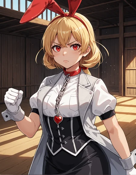score_9, score_8_up, source_anime, 1girl, upper body, medium shot, detailed, mgrcnanaseyukika, blonde hair, low ponytail, red eyes, looking at viewer, fake rabbit ears, red hairband, red animal collar, white top, juliet sleeves, grey sleeveless coat, chain, red gem pendant, black corset, black pencil skirt, wrist cuffs, white gloves, serious, fighting stance, outdoors, warehouse, <lora:mgrcnanaseyukika_XL:0.9>